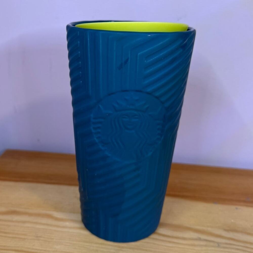 Starbucks 2024 Blue Lime Green Embossed Ceramic Tumbler 12 oz Textured Mug